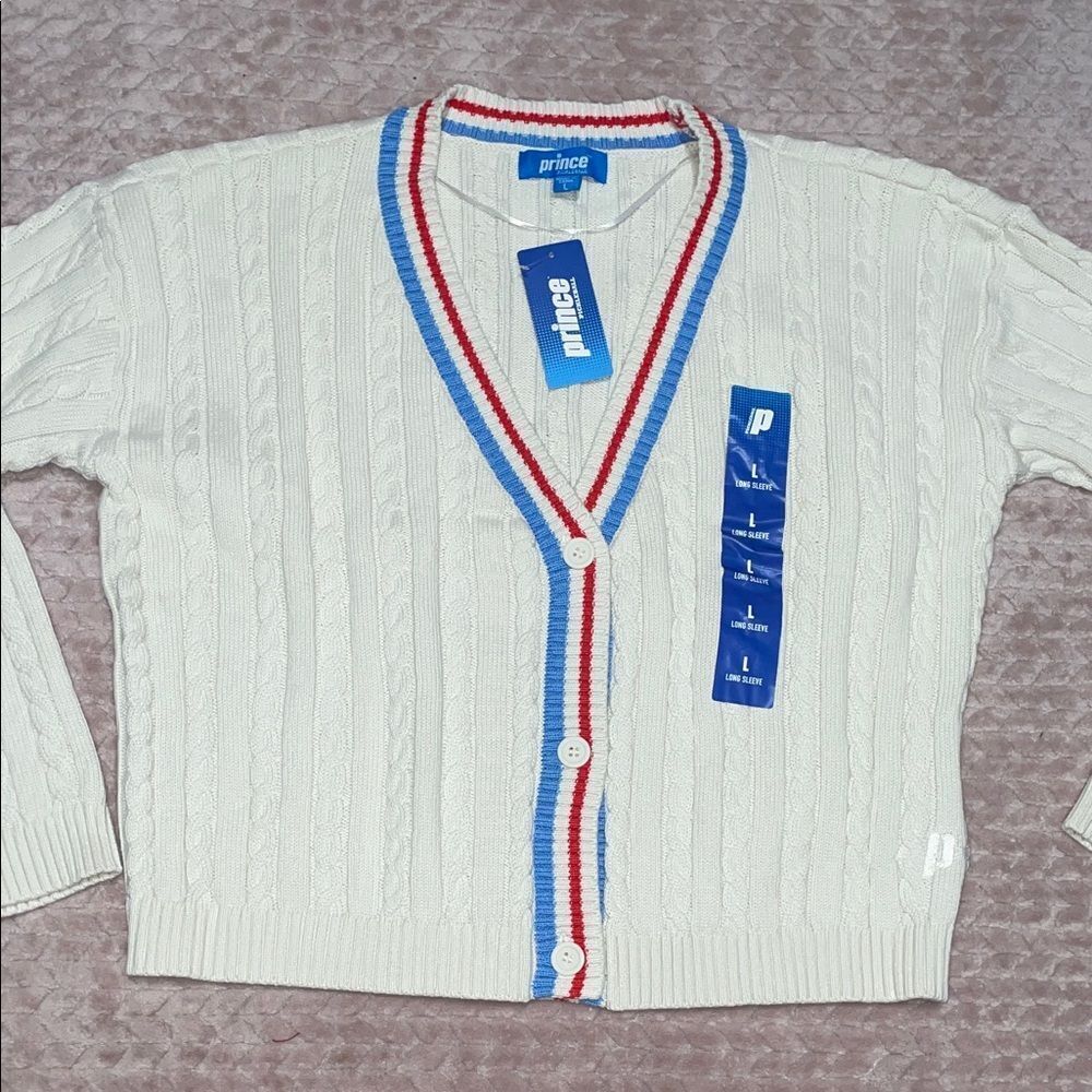 Prince Pickleball Women's Cable Knit Cardigan in Red and Blue Trim